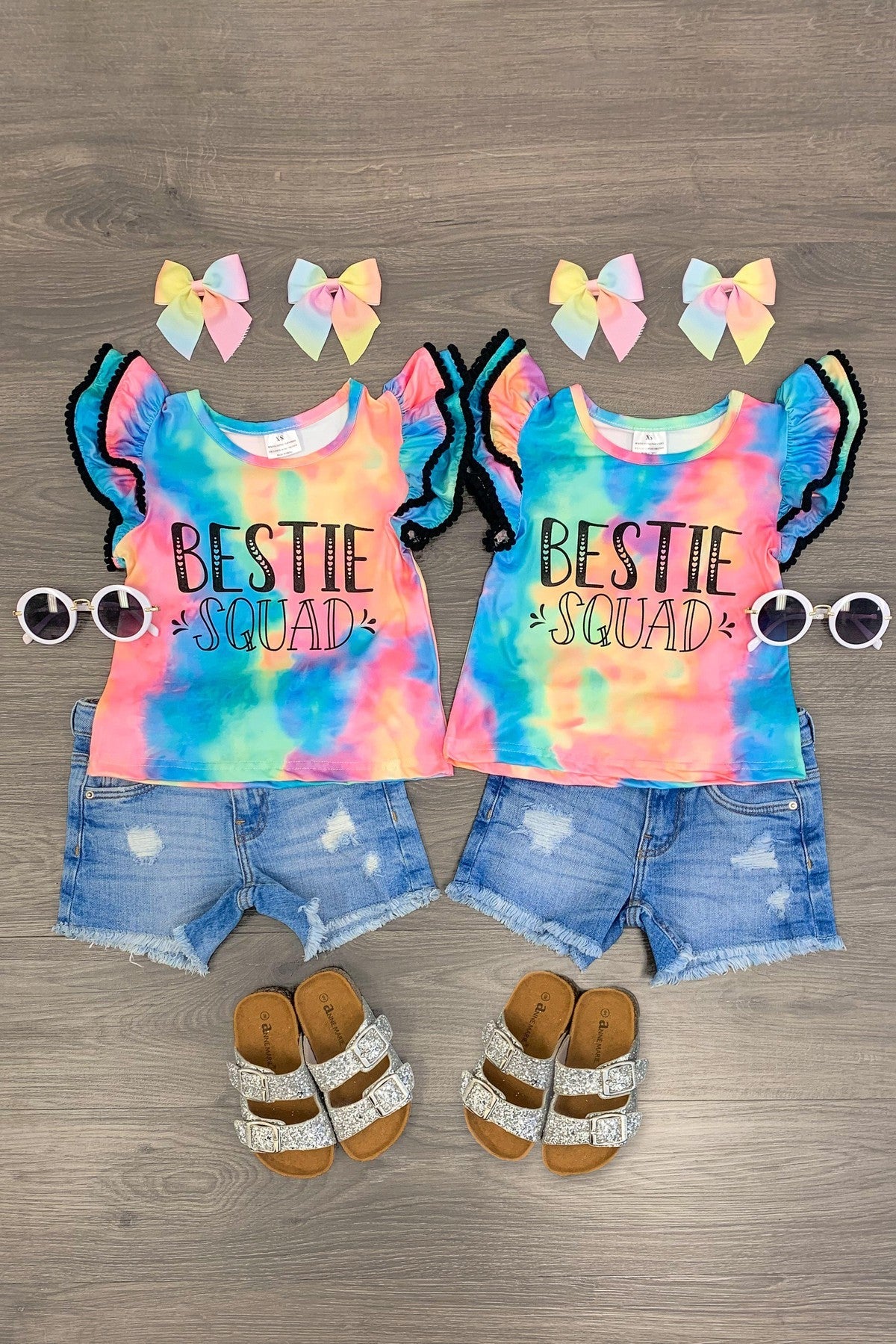 "Bestie Squad" Tie Dye Ruffle Short Sleeve Top - Sparkle in Pink