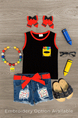 Black Crayon Tank Denim Short Set - Sparkle in Pink
