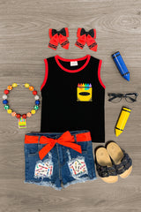Black Crayon Tank Denim Short Set - Sparkle in Pink