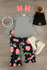 Black & Gray Rose Ruffle Pant Set - Sparkle in Pink