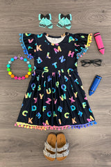 Black Rainbow Alphabet Pom Pom Dress - Sparkle in Pink