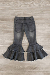 Dark Denim Ruffle Bell Bottoms - Sparkle in Pink
