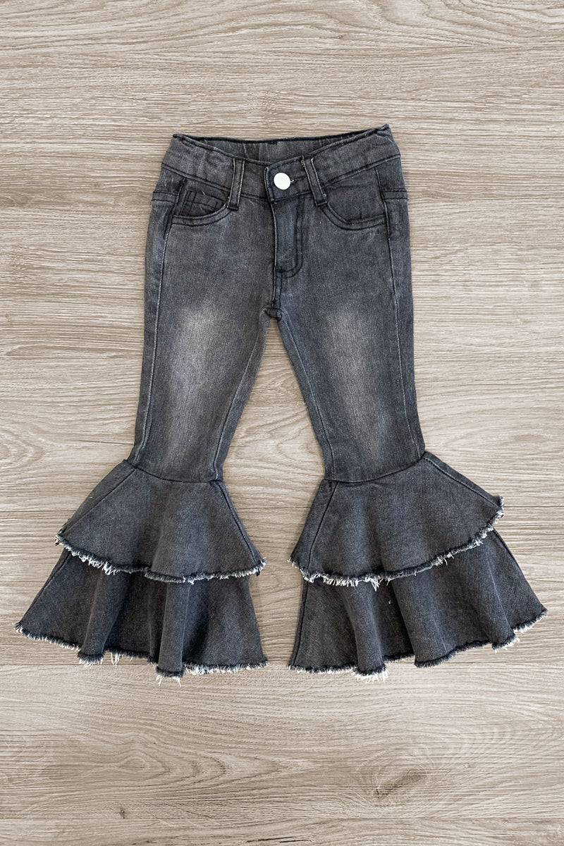 Dark Denim Ruffle Bell Bottoms - Sparkle in Pink