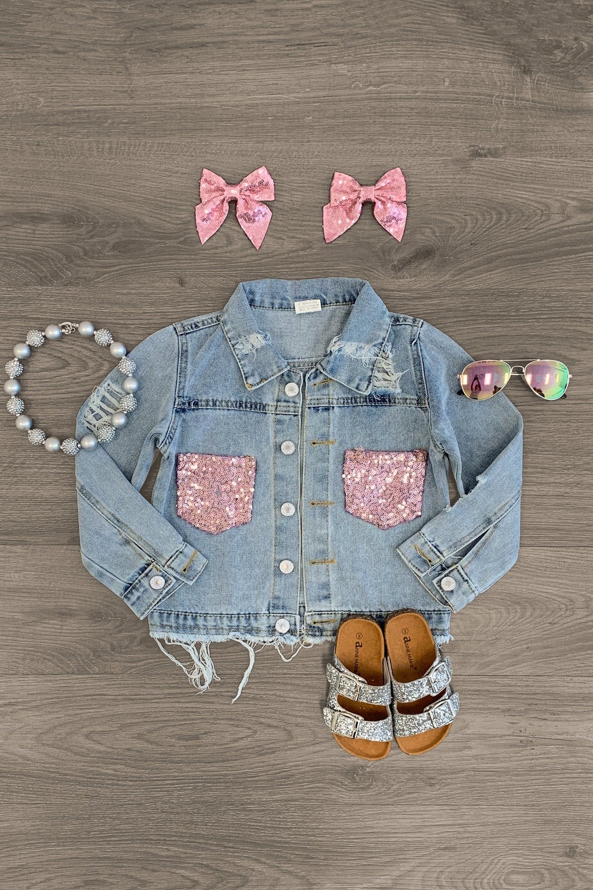 Distressed Denim Sequin Pocket Jacket - Sparkle in Pink