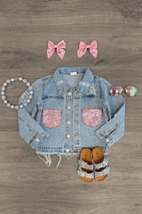 Distressed Denim Sequin Pocket Jacket - Sparkle in Pink