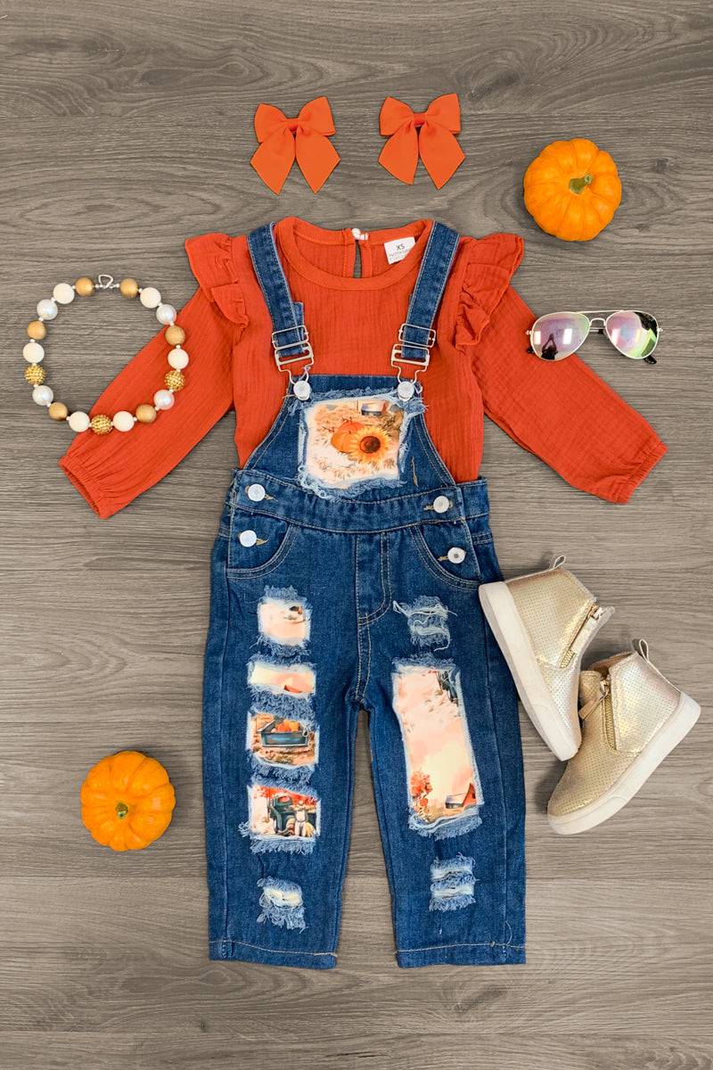 Fall Pumpkin Farm Distressed Denim Overall Set - Sparkle in Pink