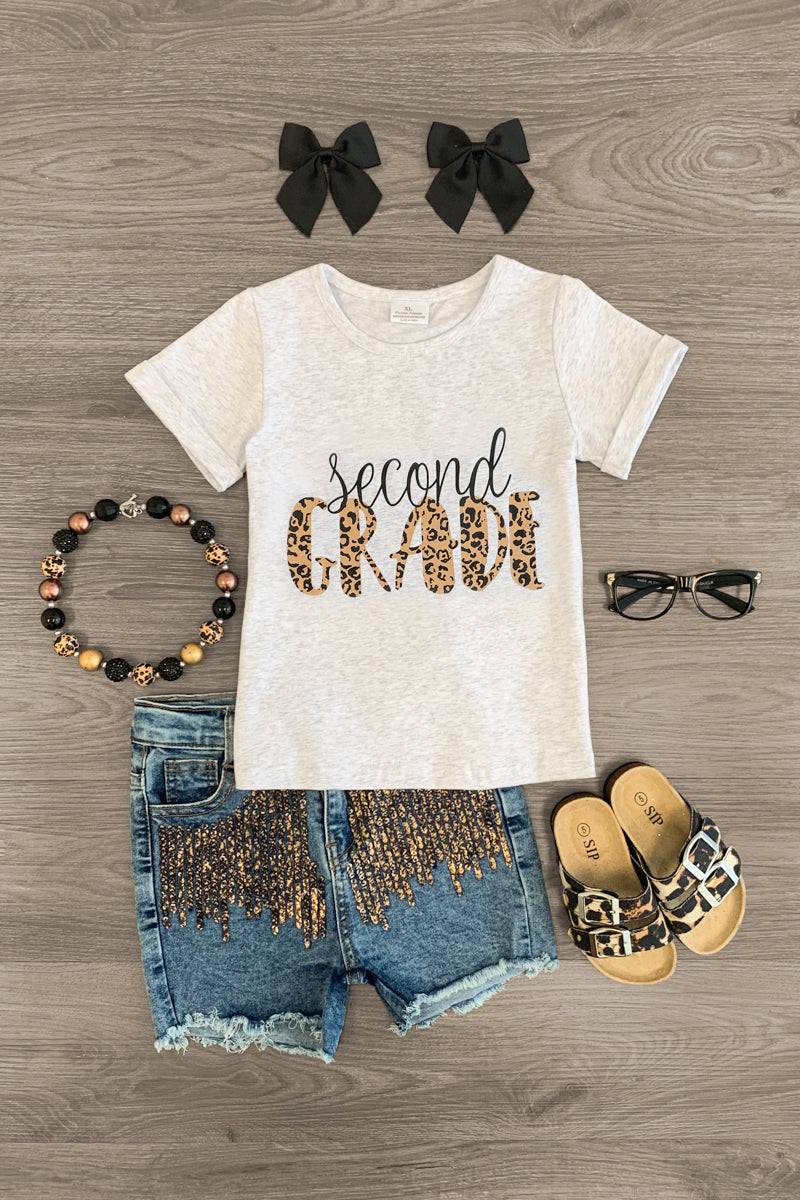"First - Fifth Grade" Sequin Denim Short Set - Sparkle in Pink