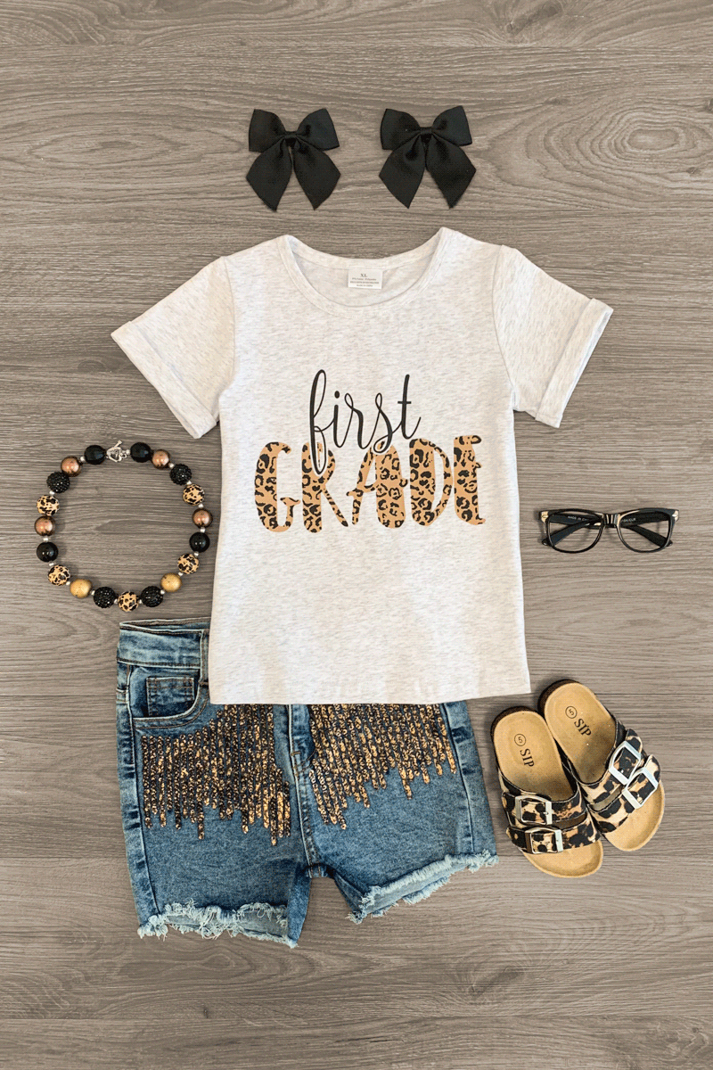 "First - Fifth Grade" Sequin Denim Short Set - Sparkle in Pink