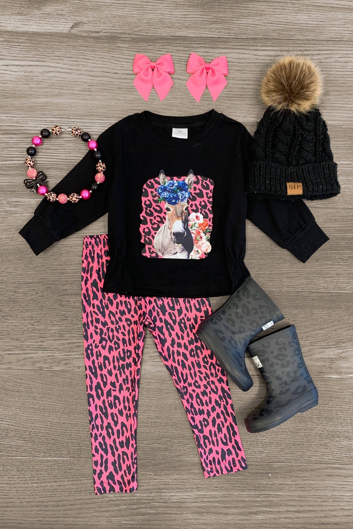 Floral Donkey Pink Leopard Legging Set - Sparkle in Pink