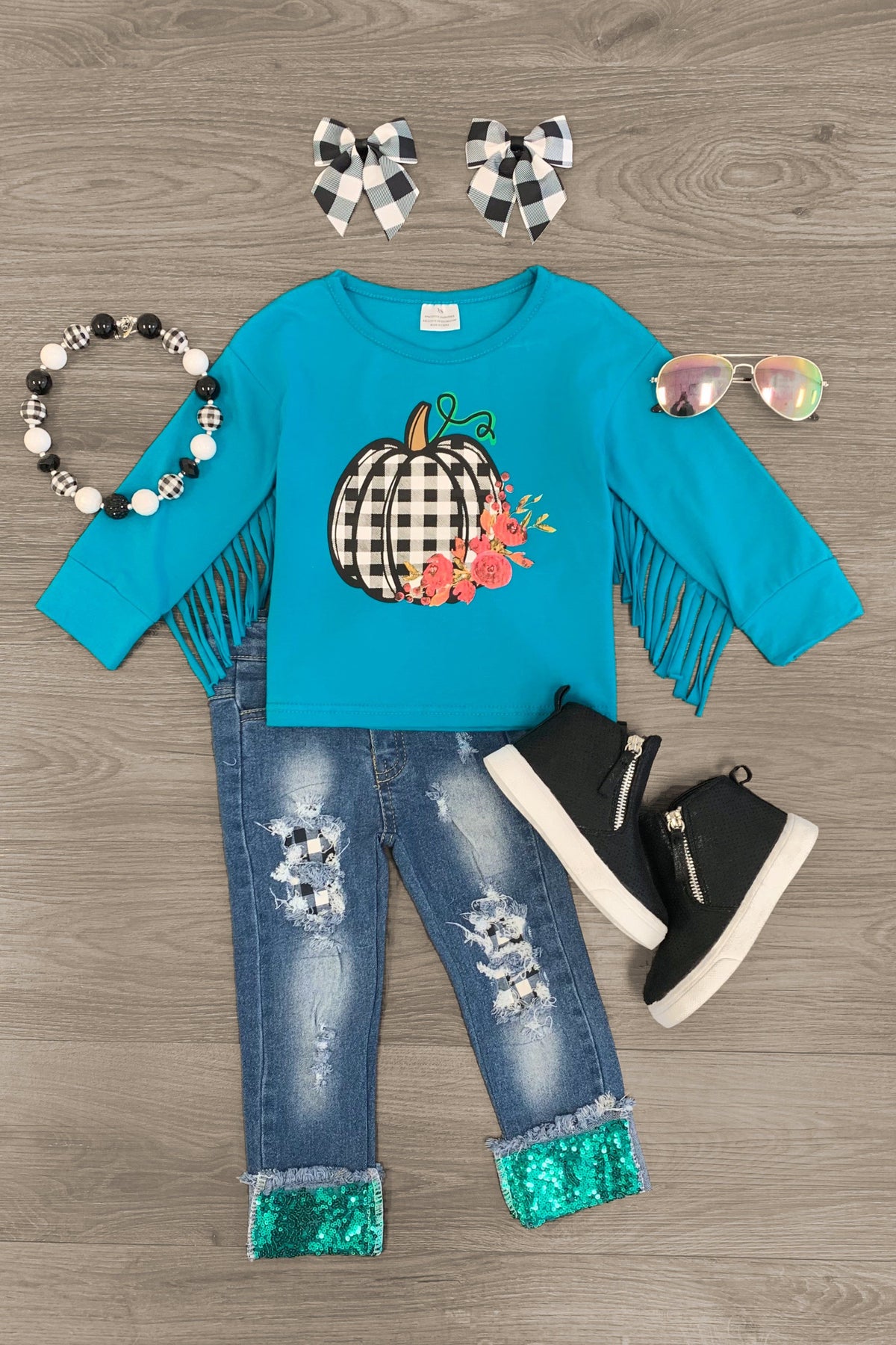 Gingham Floral Pumpkin Denim Set - Sparkle in Pink