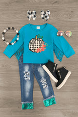 Gingham Floral Pumpkin Denim Set - Sparkle in Pink