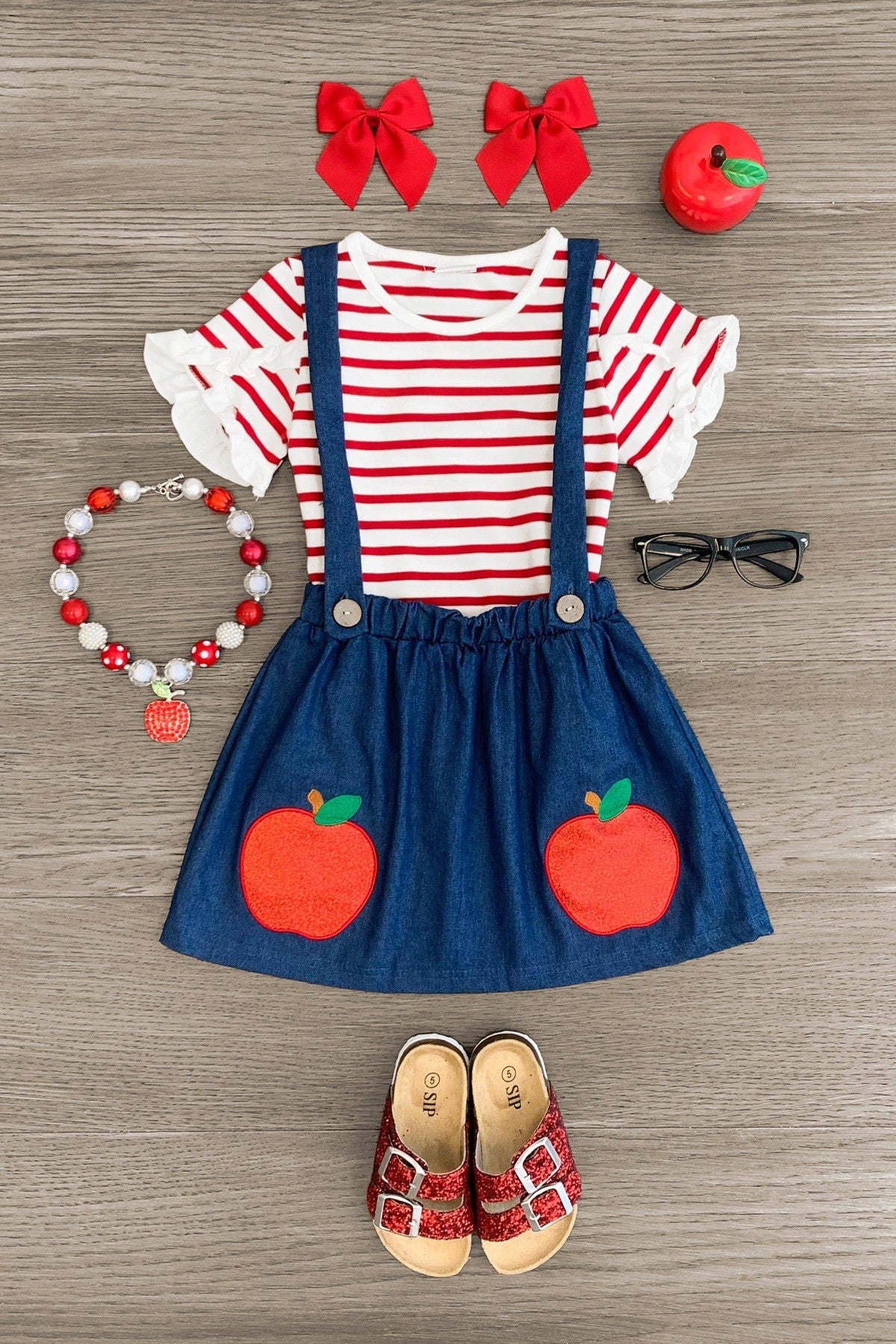 Glitter Apple Suspender Skirt Set - Sparkle in Pink