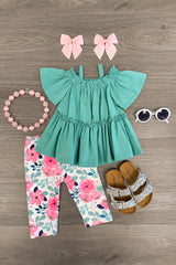 Green & Pink Floral Cold Shoulder Capri Set - Sparkle in Pink