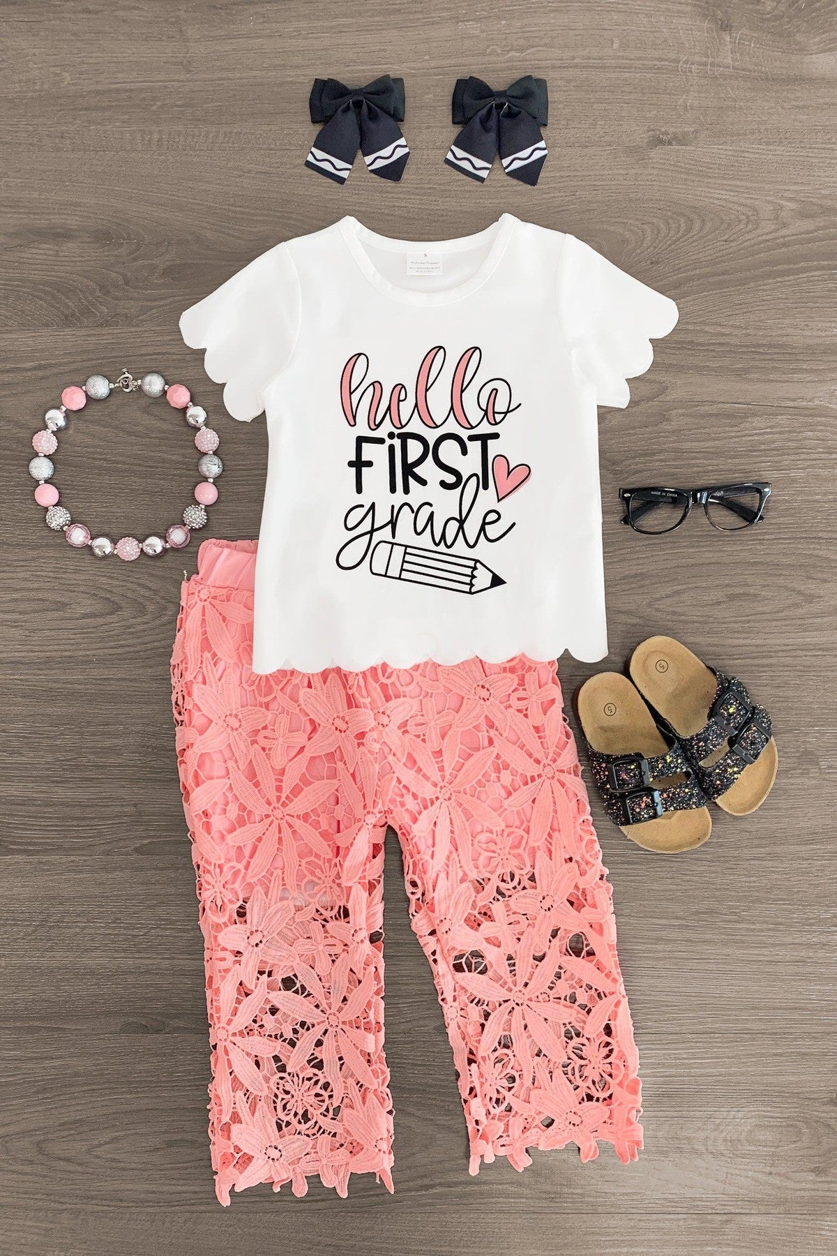 "Hello Pre-K - 6th Grade" Floral Lace Pant Set - Sparkle in Pink