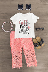 "Hello Pre-K - 6th Grade" Floral Lace Pant Set - Sparkle in Pink