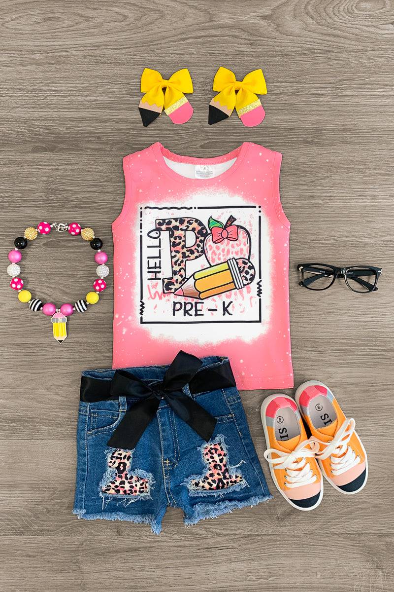 "Hello Pre-K - 3rd Grade" Pink Denim Short Set - Sparkle in Pink