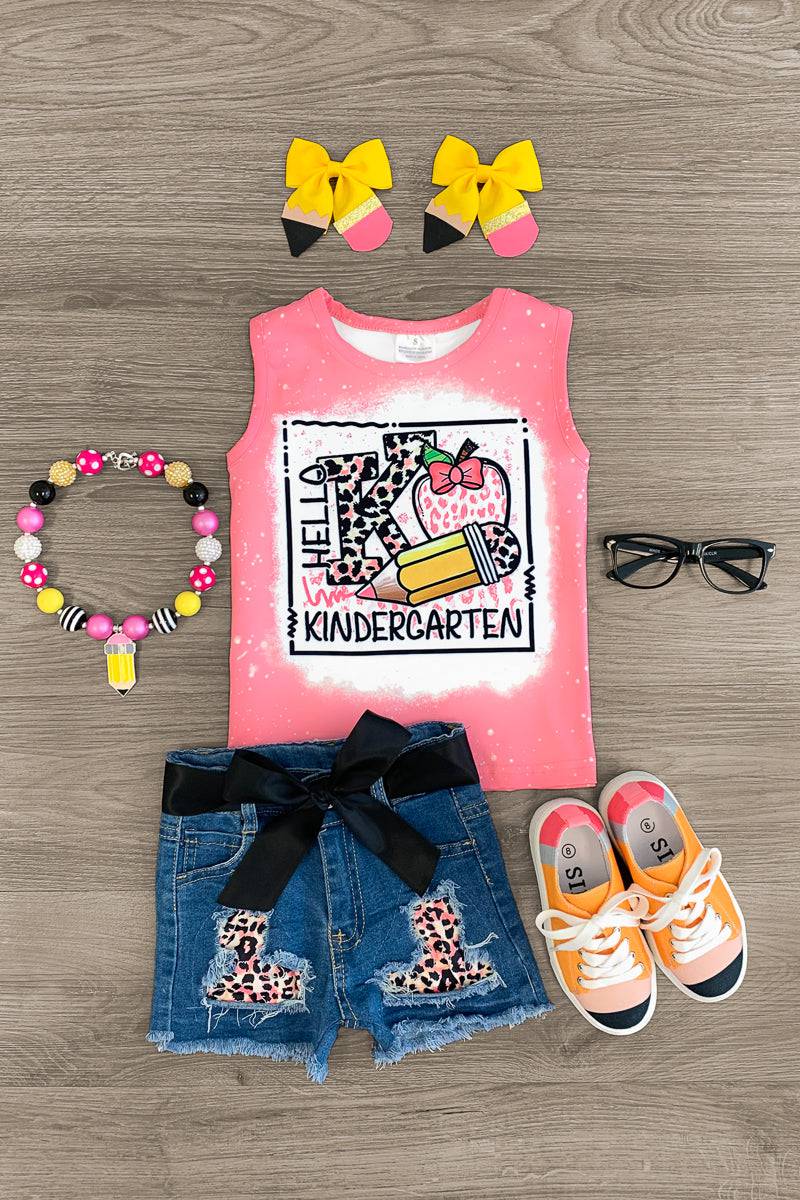 "Hello Pre-K - 3rd Grade" Pink Denim Short Set - Sparkle in Pink