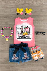 "Hello Pre-K - 3rd Grade" Pink Denim Short Set - Sparkle in Pink