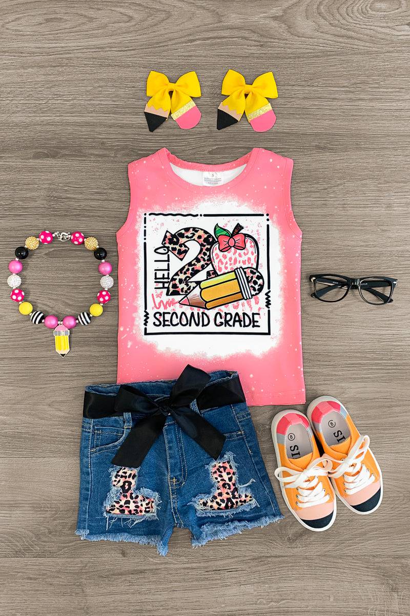 "Hello Pre-K - 3rd Grade" Pink Denim Short Set - Sparkle in Pink