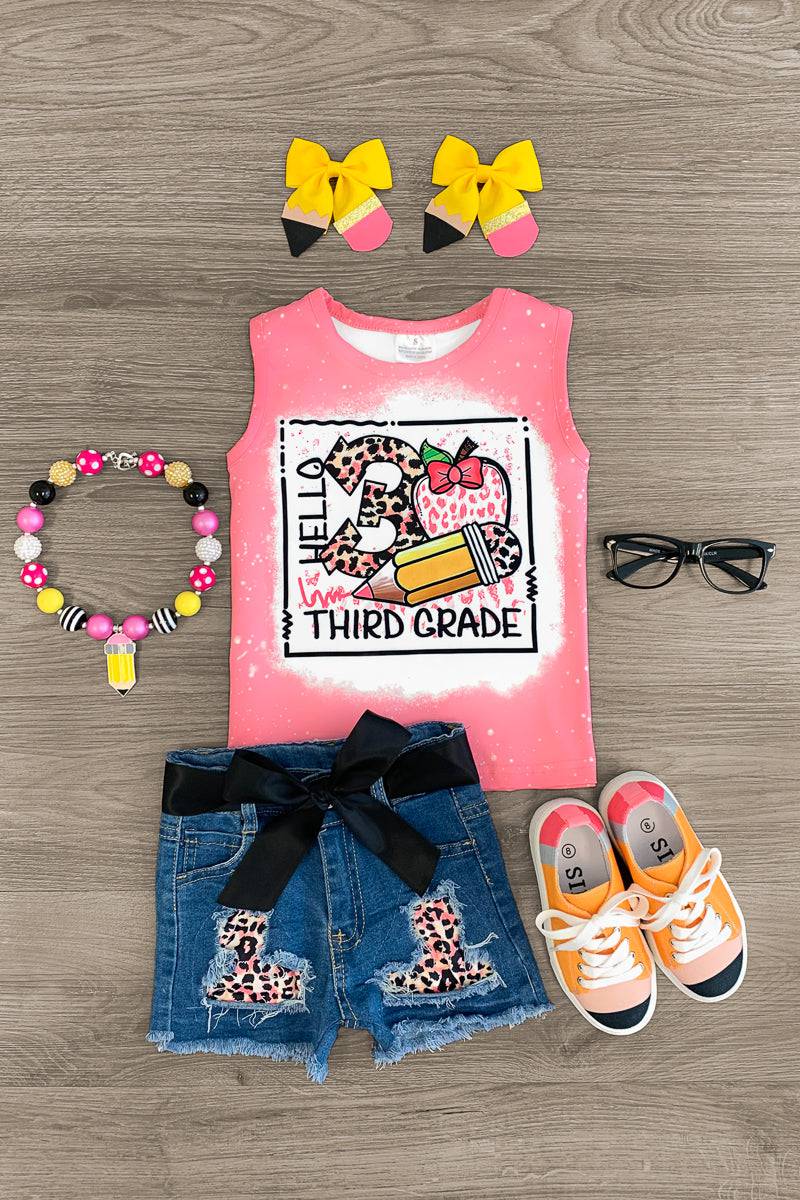 "Hello Pre-K - 3rd Grade" Pink Denim Short Set - Sparkle in Pink