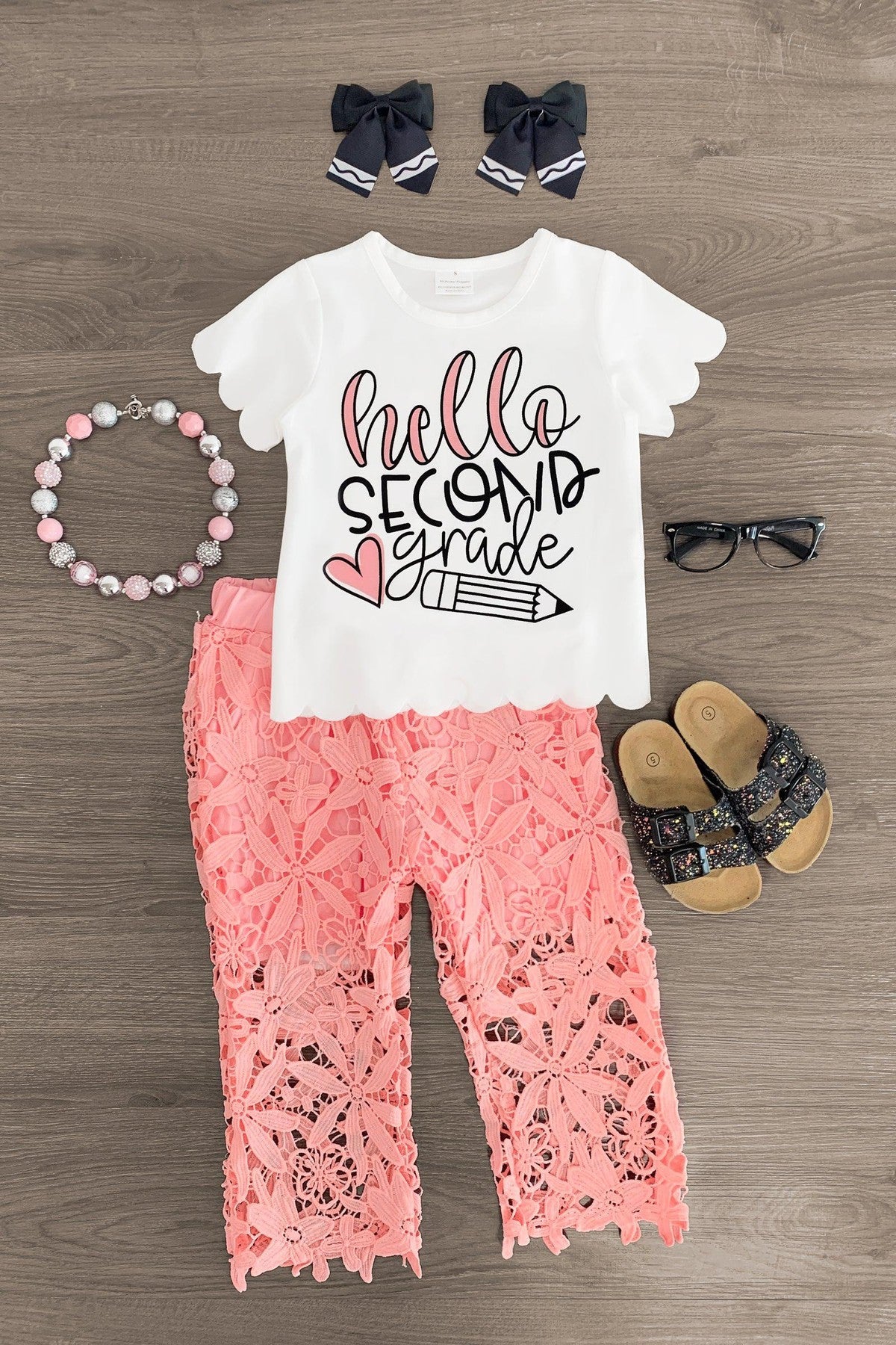 "Hello Pre-K - 6th Grade" Floral Lace Pant Set - Sparkle in Pink