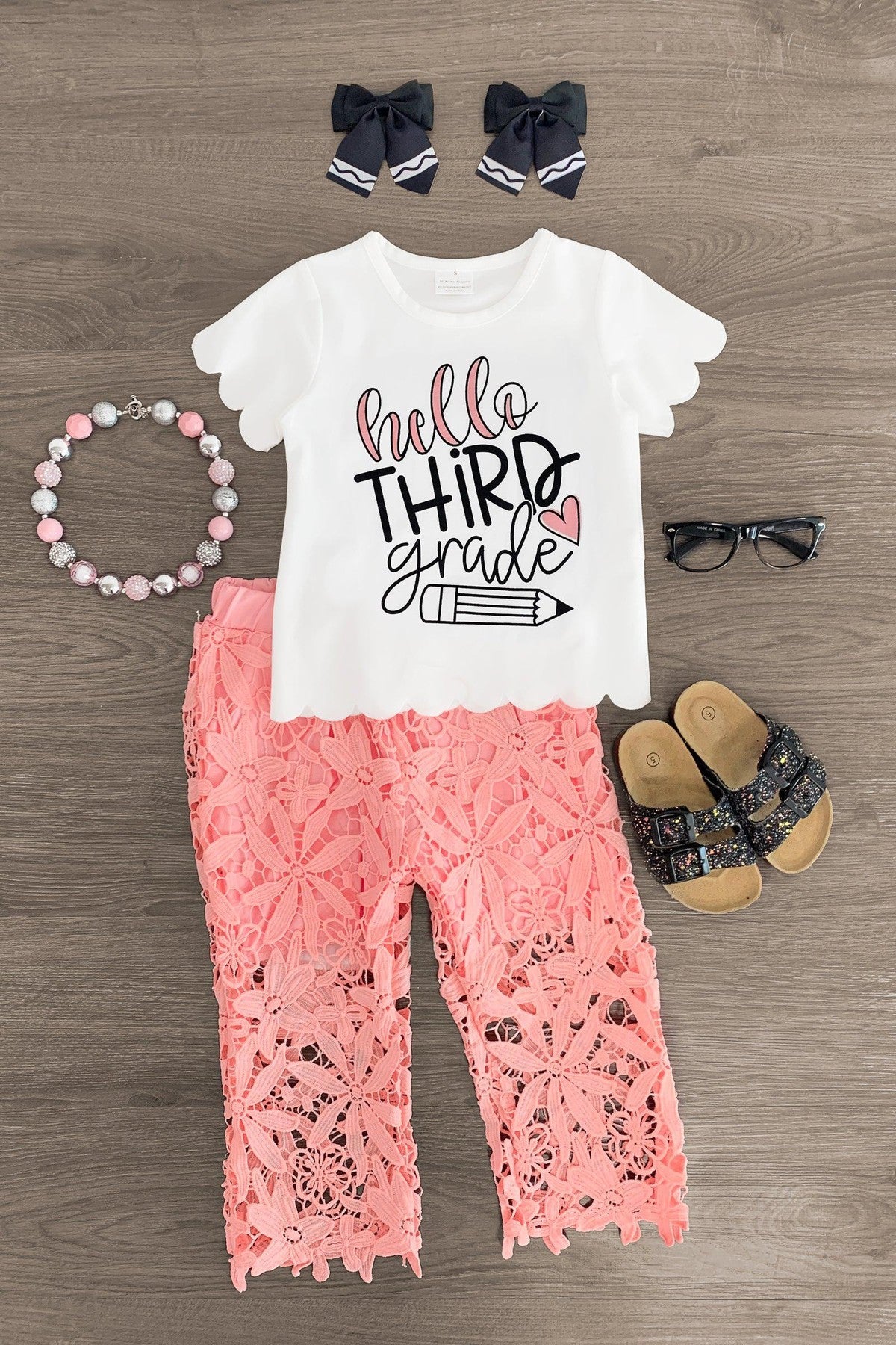 "Hello Pre-K - 6th Grade" Floral Lace Pant Set - Sparkle in Pink