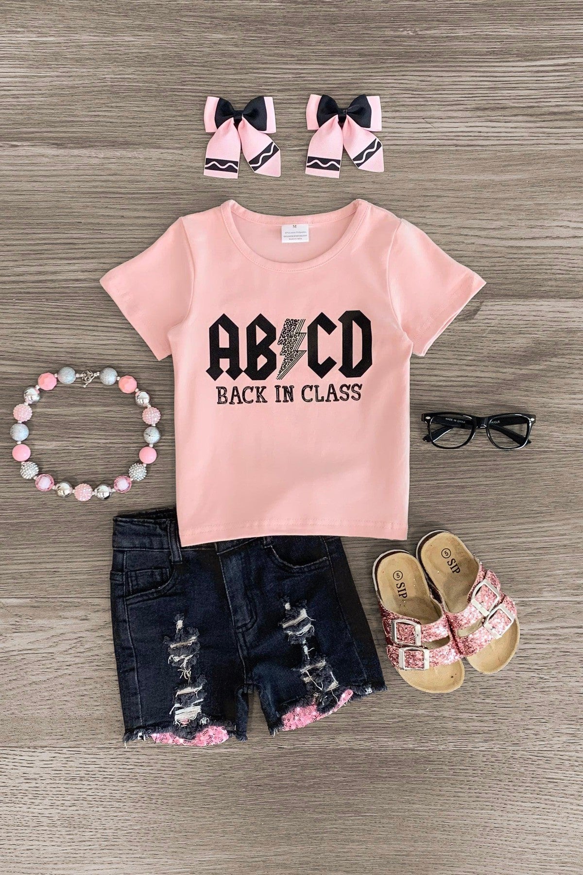 "ABCD Back In Class" Denim Short Set - Sparkle in Pink