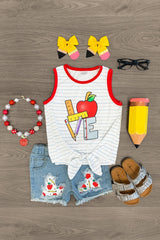 "Love" School Tie Top Distressed Denim Short Set - Sparkle in Pink