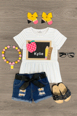Notebook Stripe Chalkboard Denim Short Set - Sparkle in Pink