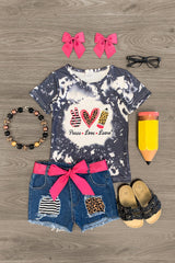 "Peace Love Learn" Distressed Denim Short Set - Sparkle in Pink