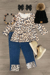 Peplum Cheetah Sequin Denim Pant Set - Sparkle in Pink