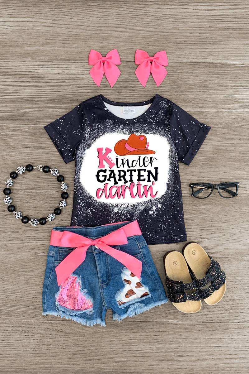 "Pre-K - 5th Grade Darlin'" Denim Short Set - Sparkle in Pink