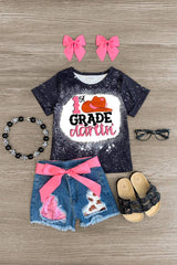 "Pre-K - 5th Grade Darlin'" Denim Short Set - Sparkle in Pink