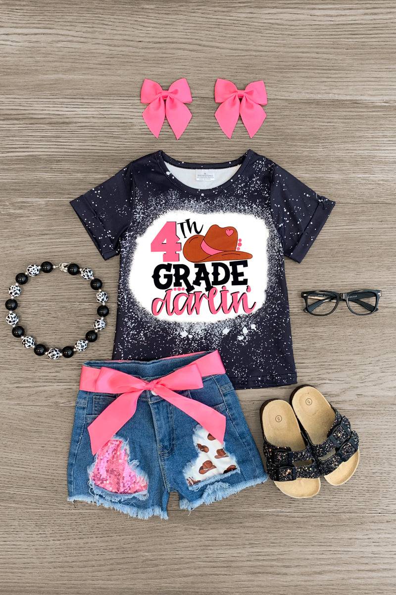 "Pre-K - 5th Grade Darlin'" Denim Short Set - Sparkle in Pink