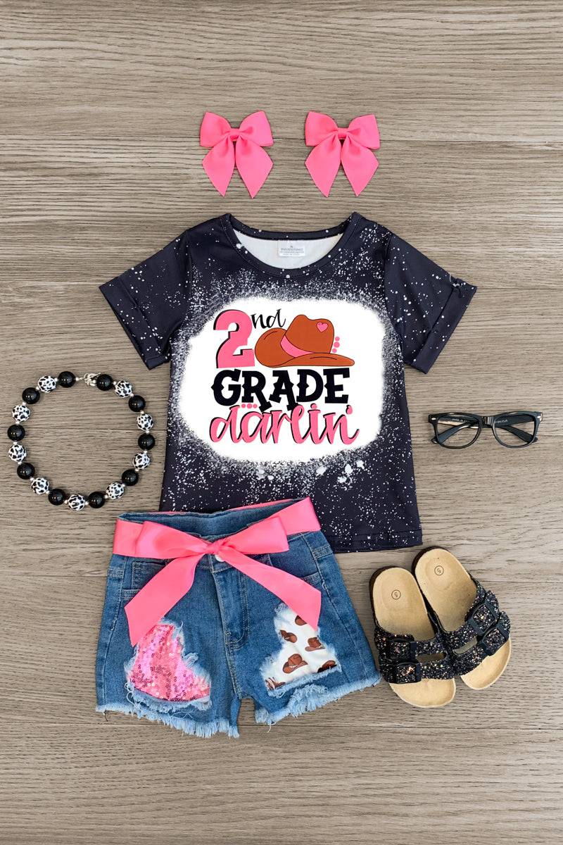 "Pre-K - 5th Grade Darlin'" Denim Short Set - Sparkle in Pink