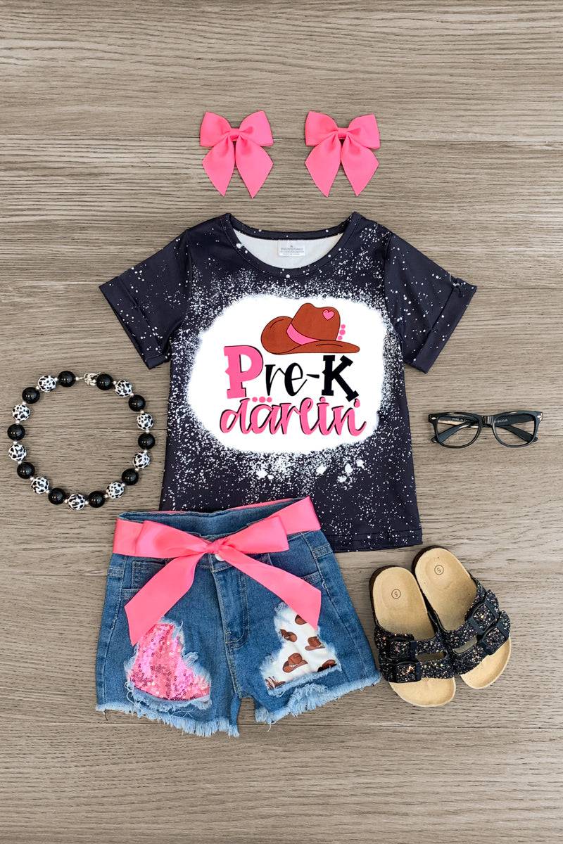 "Pre-K - 5th Grade Darlin'" Denim Short Set - Sparkle in Pink