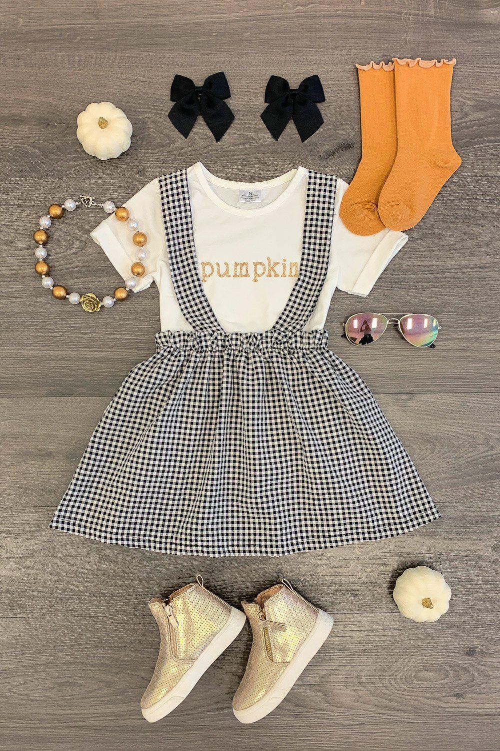 "Pumpkin" Gingham Suspender Skirt Set - Sparkle in Pink