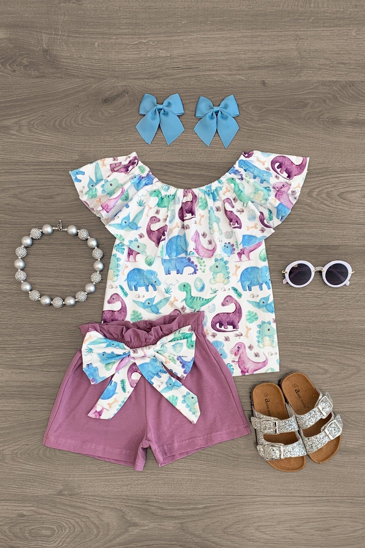 Purple Dinosaur Cold Shoulder Short Set - Sparkle in Pink