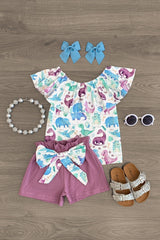 Purple Dinosaur Cold Shoulder Short Set - Sparkle in Pink