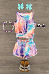 Purple Sunset Tie Dye Knotted Tank Top Short Set - Sparkle in Pink