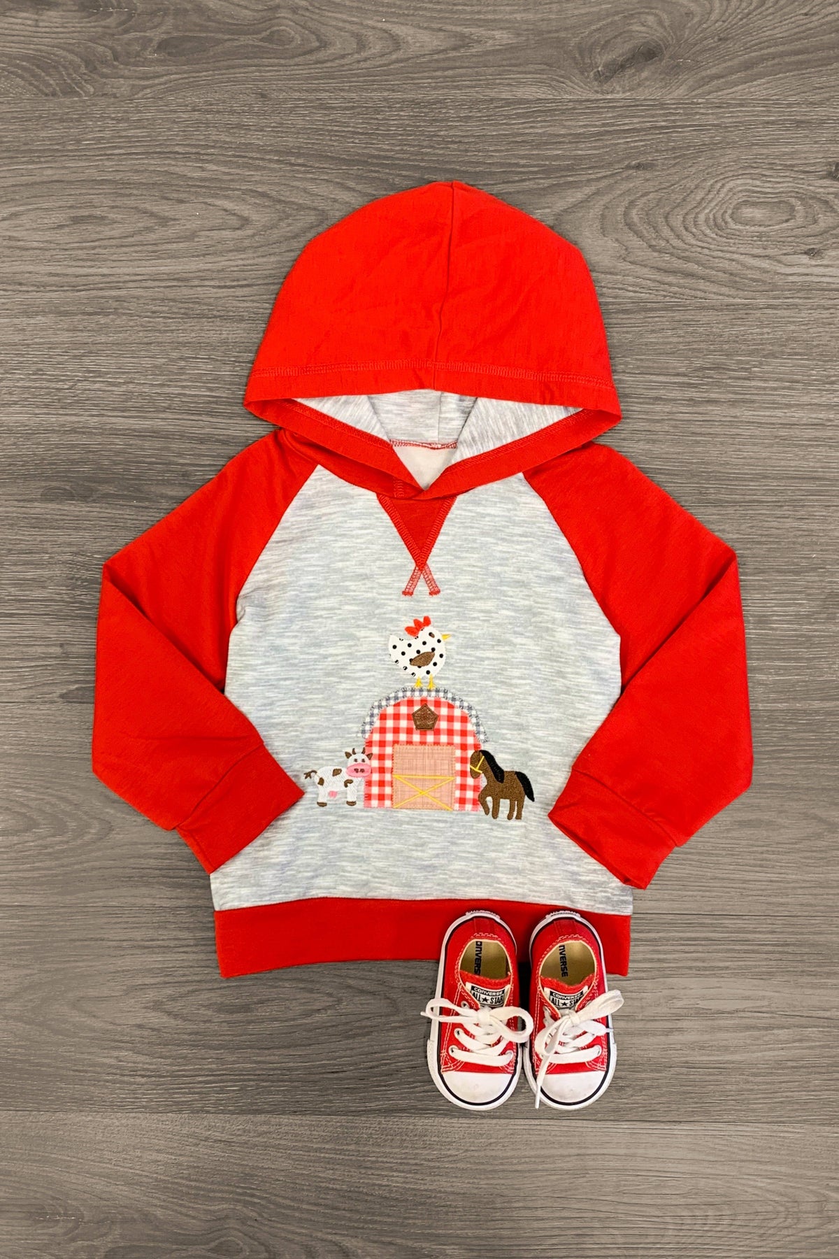Red & Grey Farm Hoodie - Sparkle in Pink