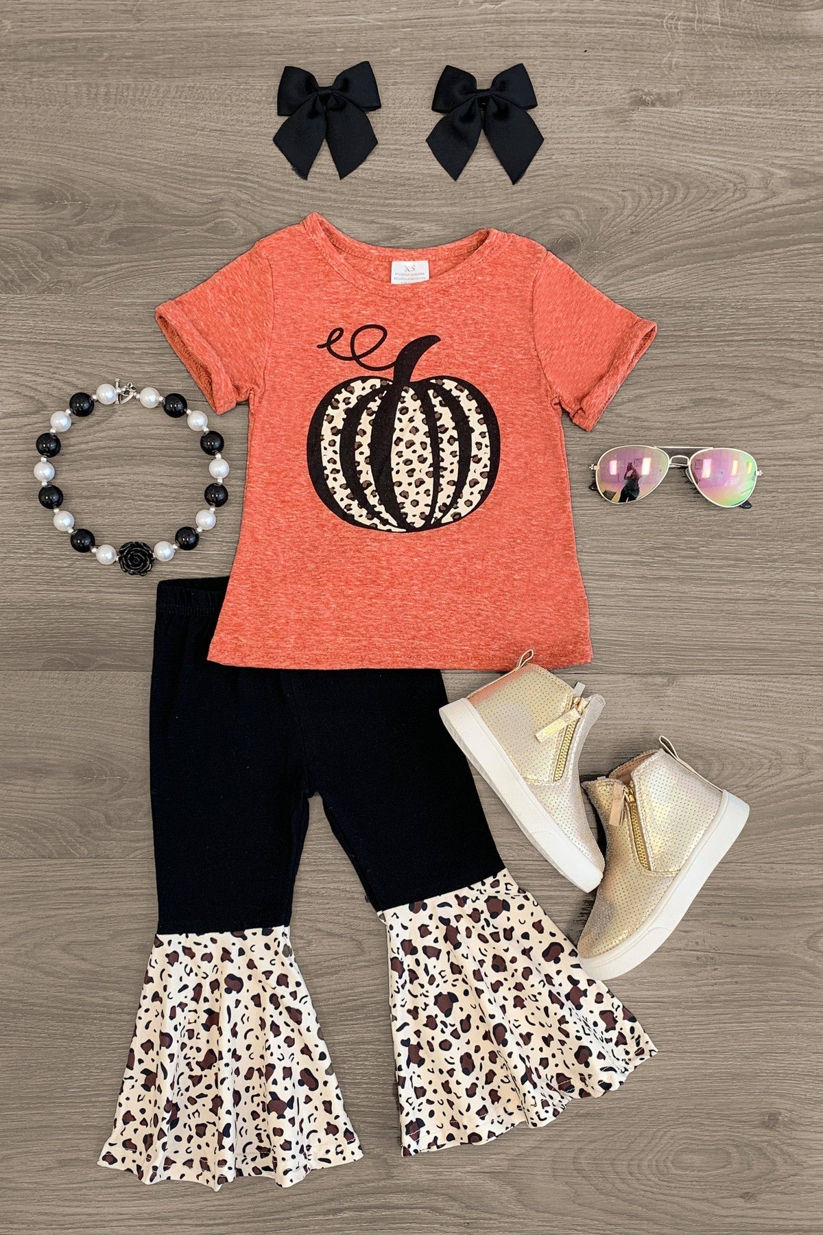 Rust Cheetah Pumpkin Bell Bottom Set - Sparkle in Pink