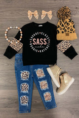 "Sass Mode" Distressed Denim Pant Set - Sparkle in Pink