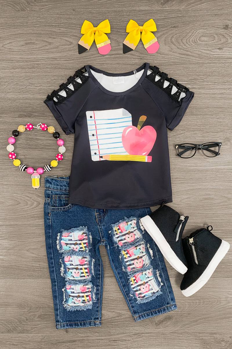 School Supplies Distressed Denim Capri Set - Sparkle in Pink