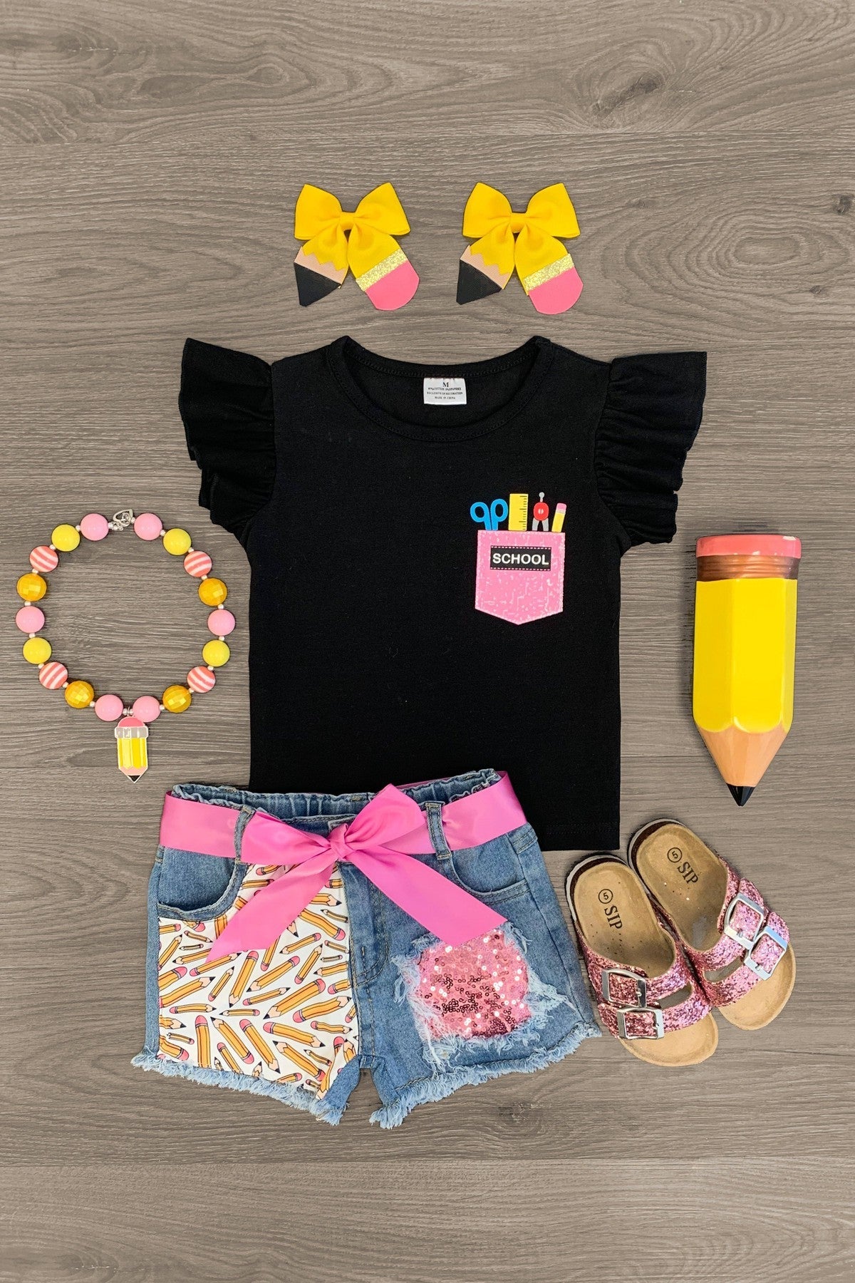 School Supplies Pocket Denim Short Set - Sparkle in Pink