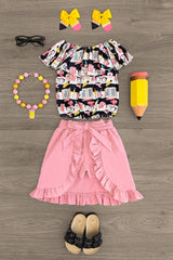 School Supplies Tie Suede Skort Set - Sparkle in Pink