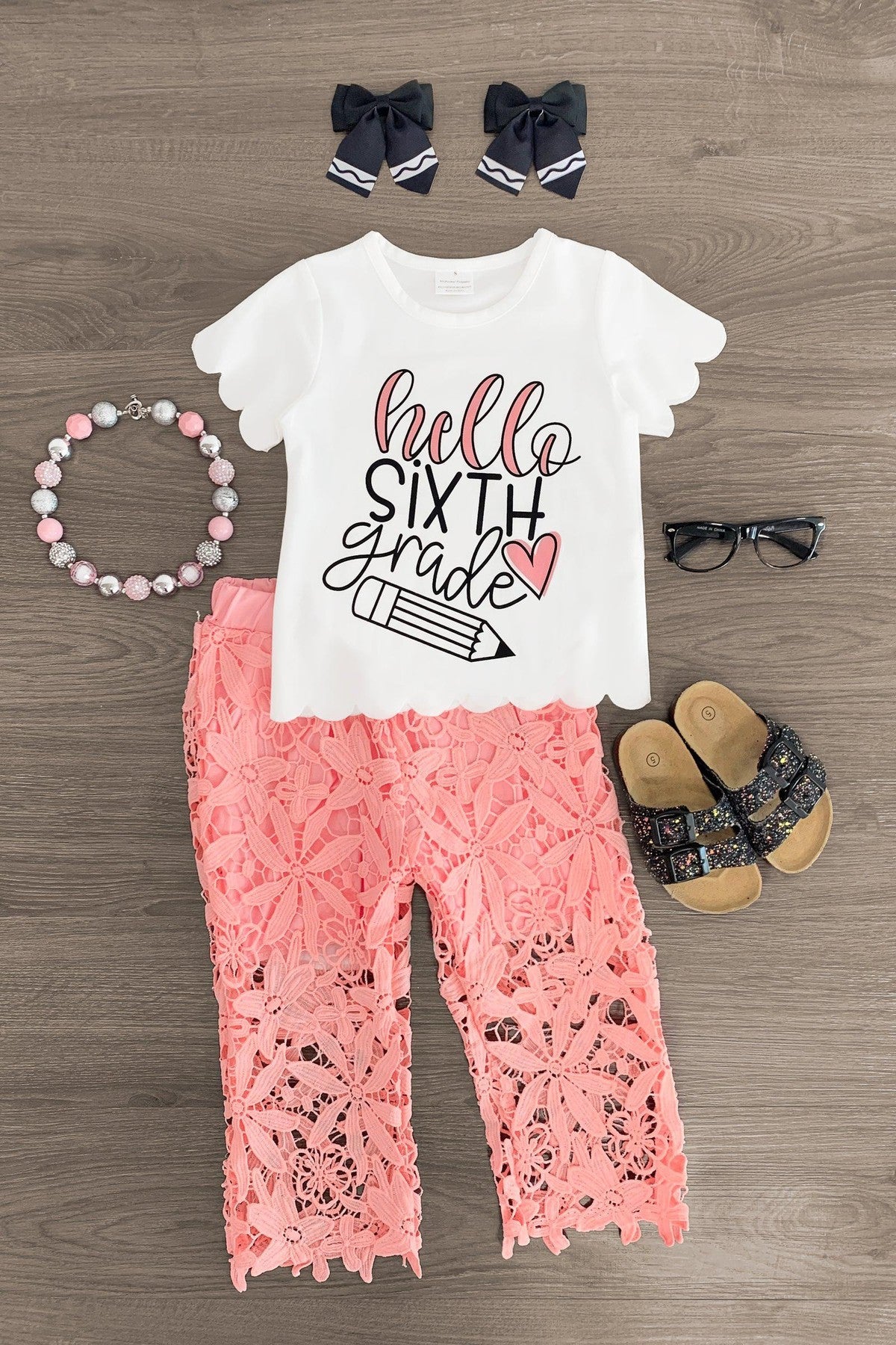 "Hello Pre-K - 6th Grade" Floral Lace Pant Set - Sparkle in Pink