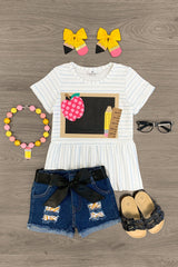 Notebook Stripe Chalkboard Denim Short Set - Sparkle in Pink