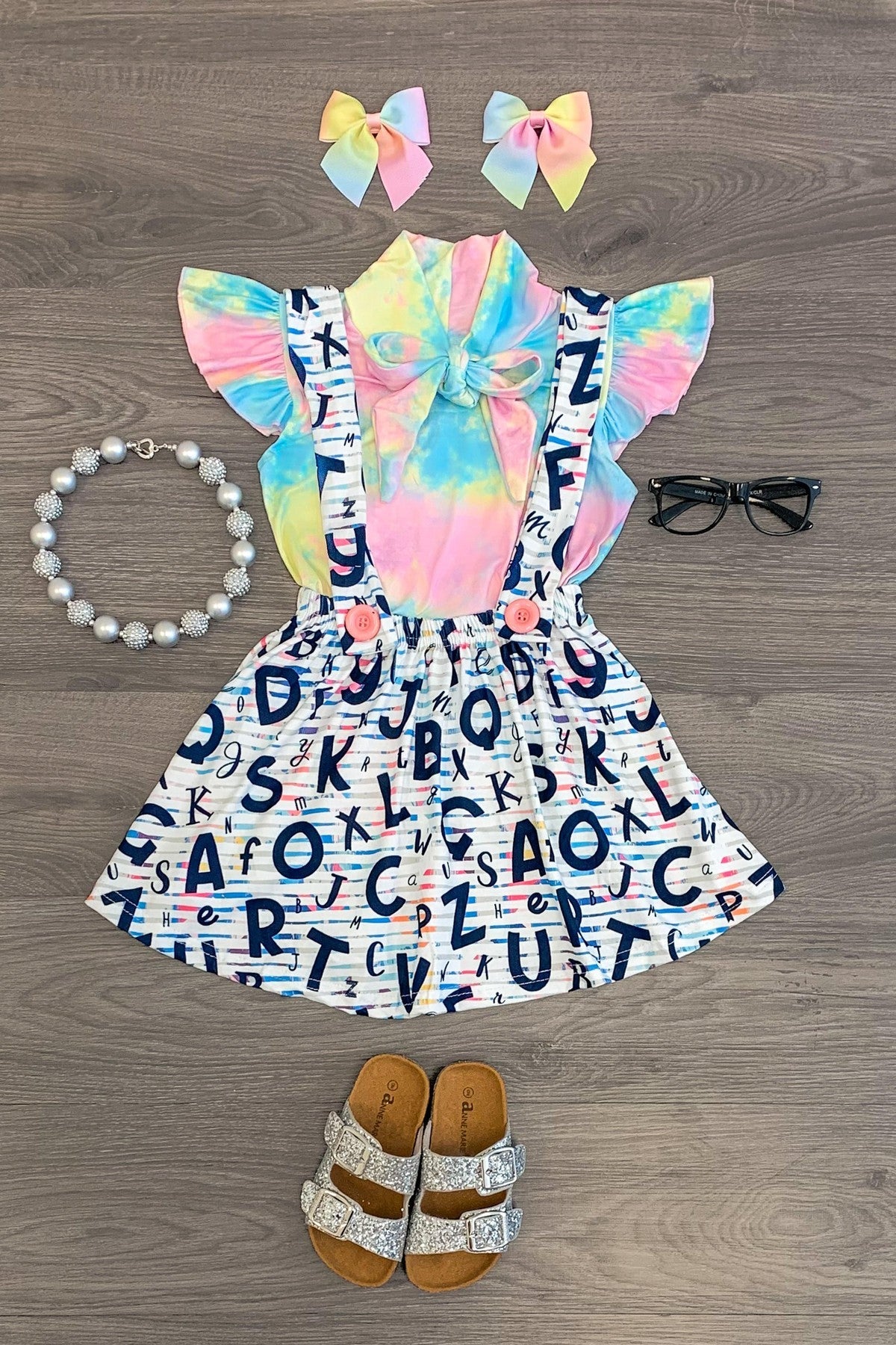 Tie Dye Alphabet Suspender Skirt Set - Sparkle in Pink