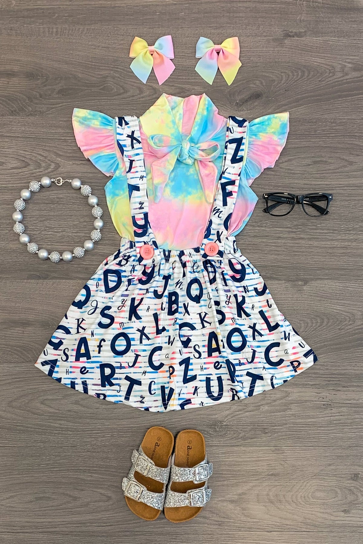 Tie Dye Alphabet Suspender Skirt Set - Sparkle in Pink